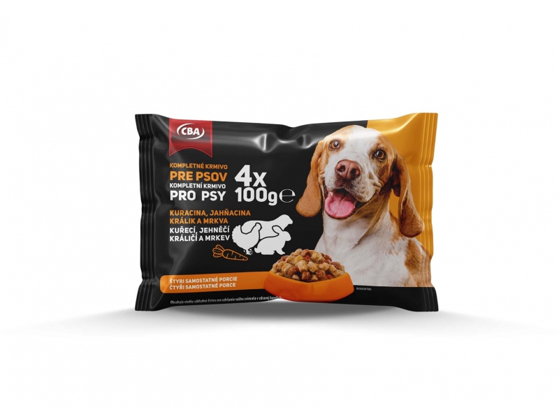 Kompletné krmivo pre psov (kuracina, jahňacina, králik a mrkva) CBA 4x100g