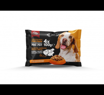 Kompletné krmivo pre psov (kuracina, jahňacina, králik a mrkva) CBA 4x100g